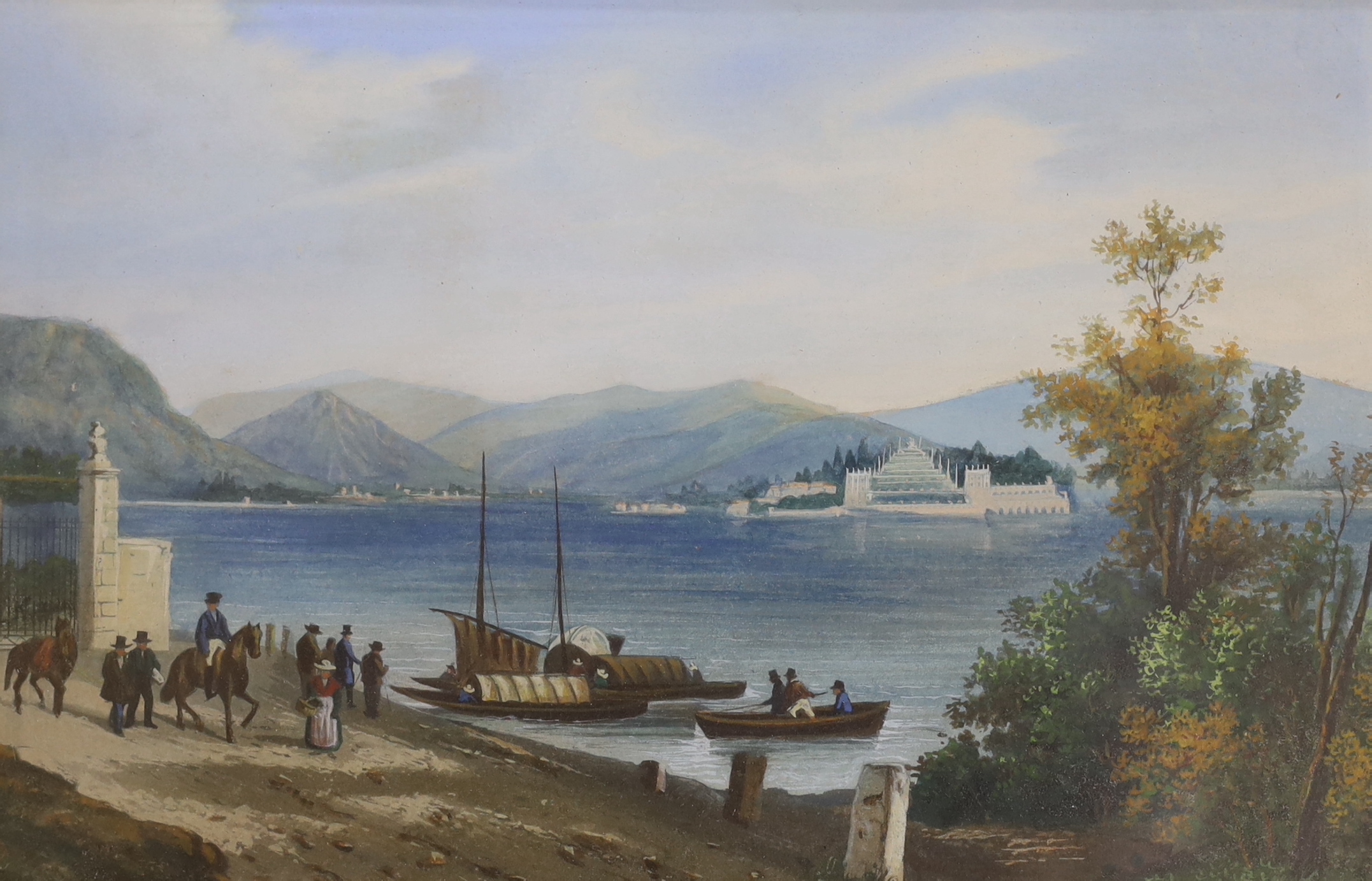 Anglo-Chinese School, watercolour, Figures on the waterside with temple beyond, possibly an overpainted print, 15 x 24cm, and a framed set of eight Swiss topographical printed views